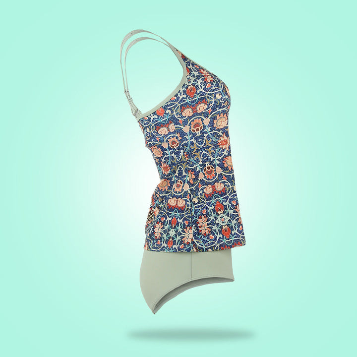 Damen-Tankini mit floralem Muster, blau und grün, Badebekleidung, Sommermode.