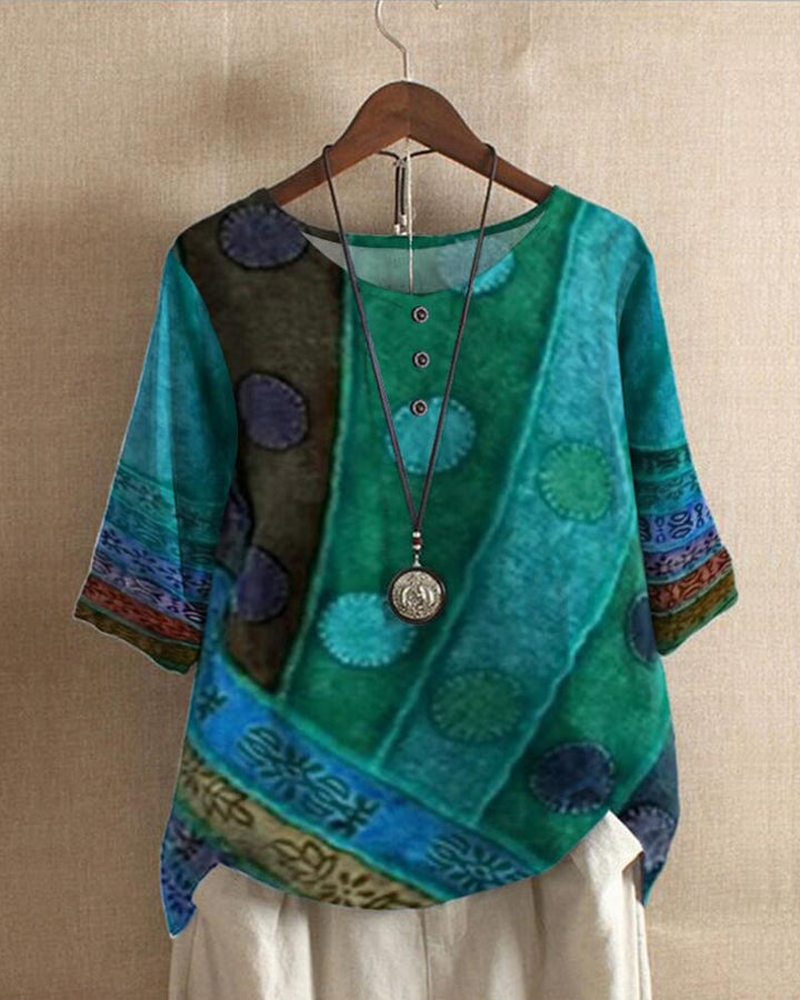Bunte Damenbluse mit Ethno-Muster, Rundhalsausschnitt, Knöpfen, 3/4-Ärmeln, Baumwolle.