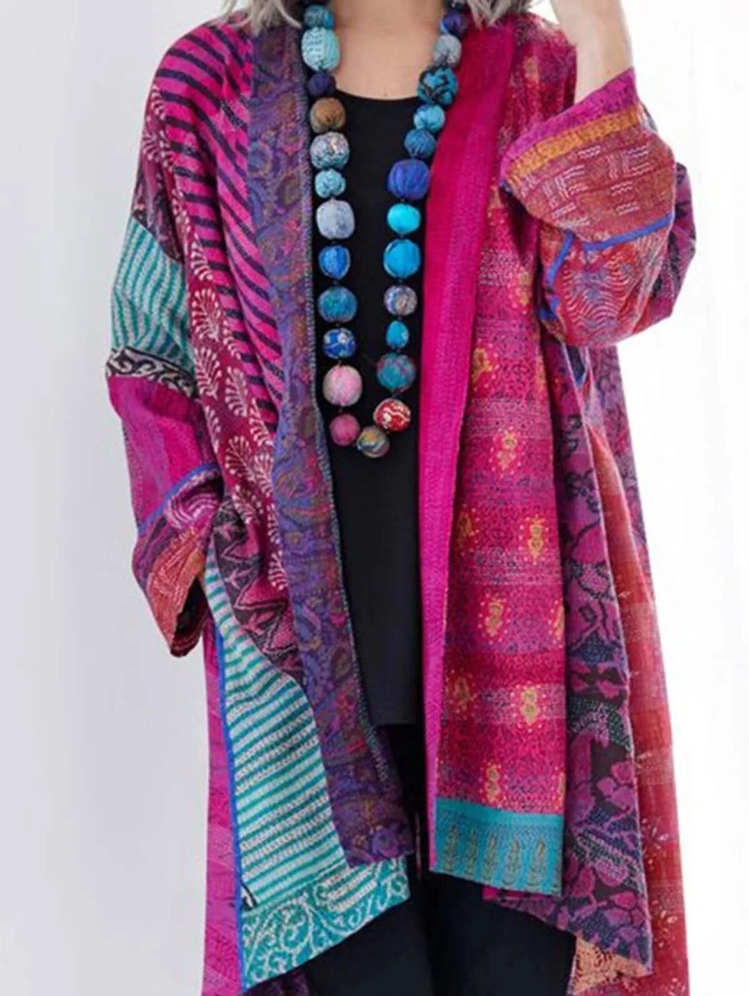 Farbiger Patchwork-Kimono, pink und blau, Damenmode, Boho-Stil, handgefertigt, Baumwolle.