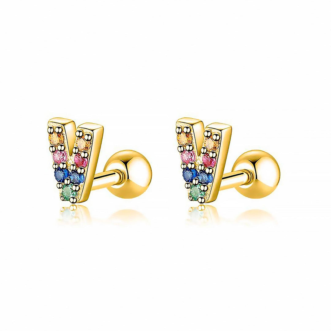 Goldene Ohrringe mit bunten Buchstaben, Schmuck, modisch, Damenaccessoire, Geschenkidee.