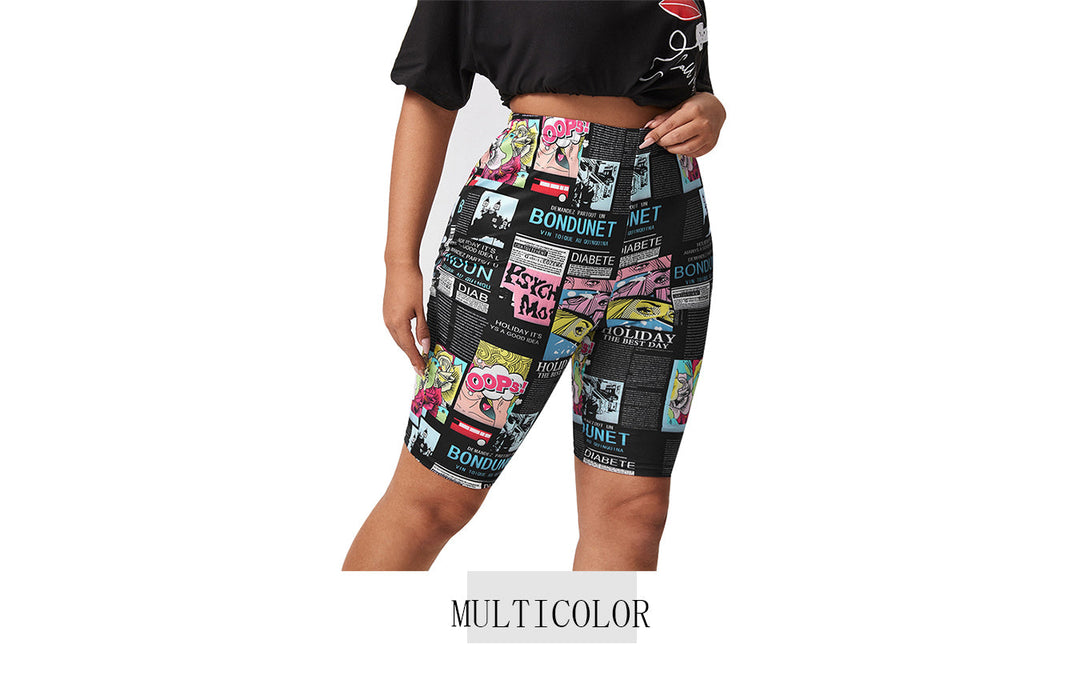 Fahrradshorts Damen, Comic-Print, Multicolor, elastisch, bequem, Sportbekleidung.