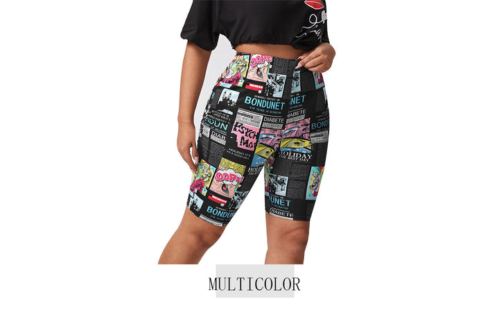 Fahrradshorts Damen, Comic-Print, Multicolor, elastisch, bequem, Sportbekleidung.