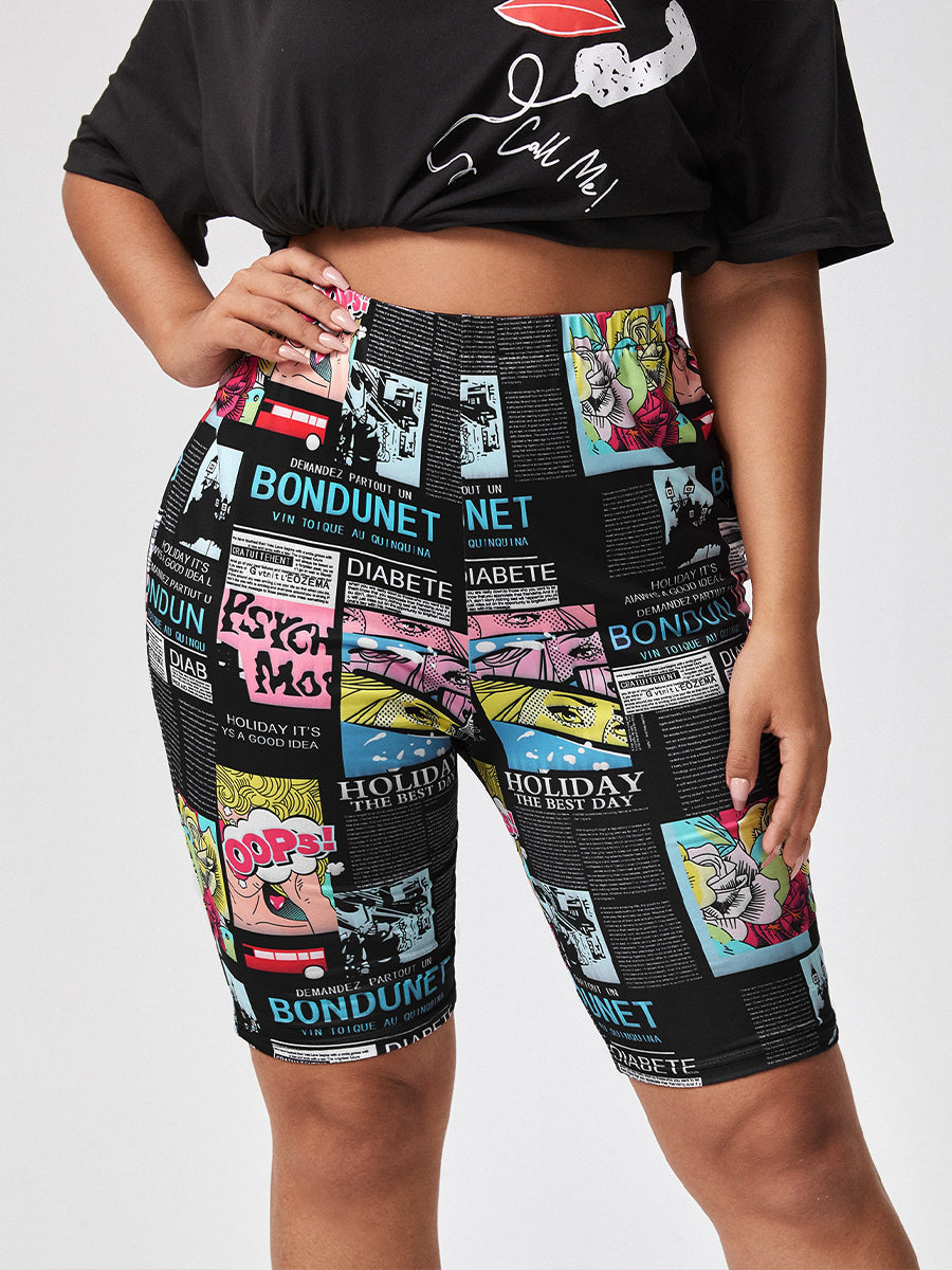 Farbige Comic-Print-Radlerhose für Damen, elastisch, bequem, modisch, Freizeitkleidung.