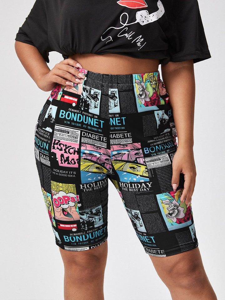 Farbige Comic-Print-Radlerhose für Damen, elastisch, bequem, modisch, Freizeitkleidung.