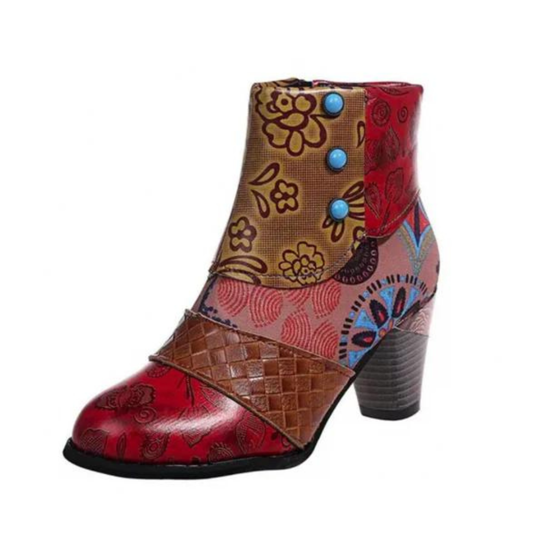 Bunte Damenstiefelette mit Blumenmuster, Patchwork-Design, Blockabsatz, Lederoptik.