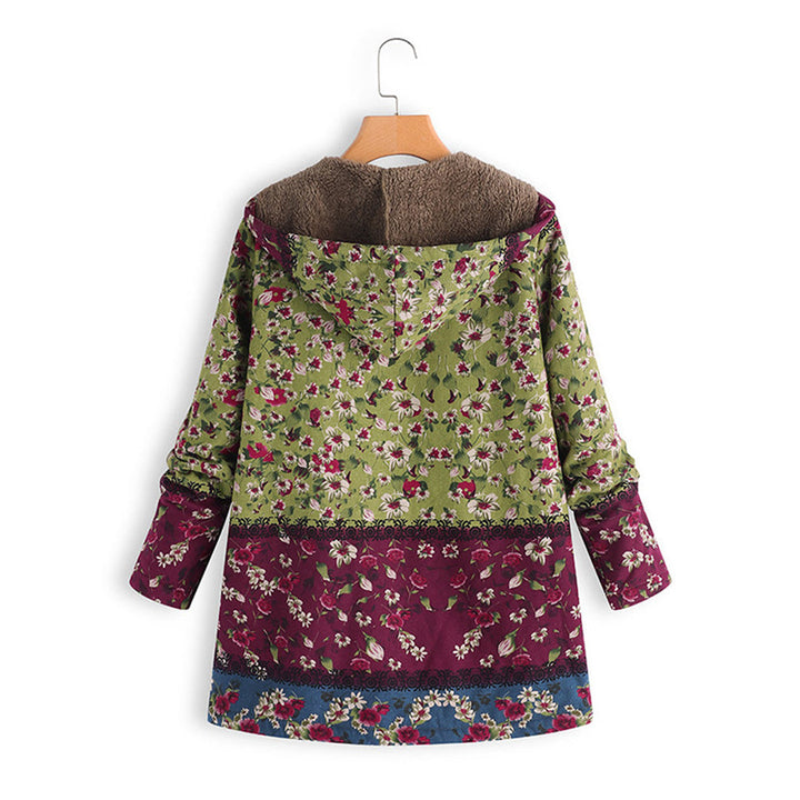 Damen-Langjacke mit Kapuze, florales Muster, grün und bordeaux, Teddyfutter, Herbstmode.