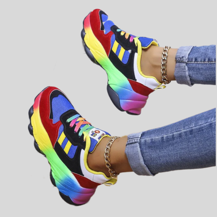 Bunte Damen-Sneaker, mehrfarbig, sportlich, modisch, bequem, Freizeit, trendig, auffällig.
