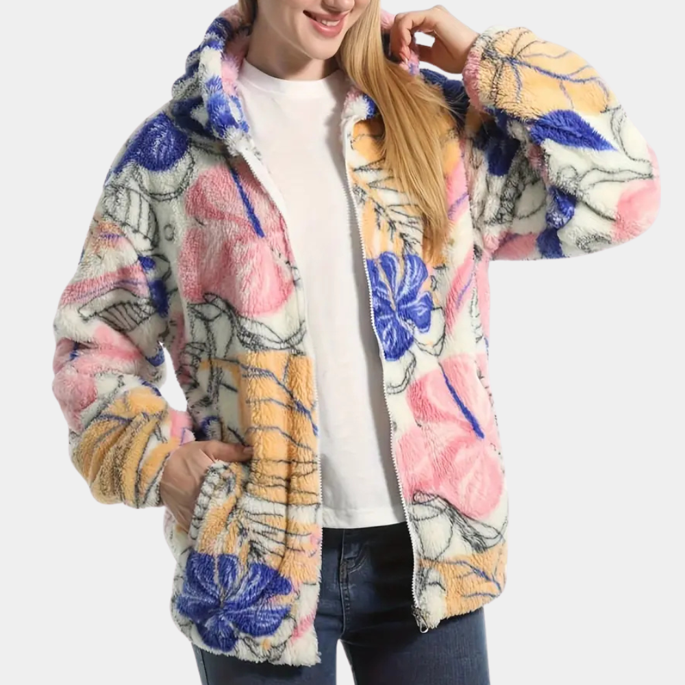 Flauschige Damenjacke mit buntem Blumenmuster, Reißverschluss, warm, modisch, Herbst/Winter.