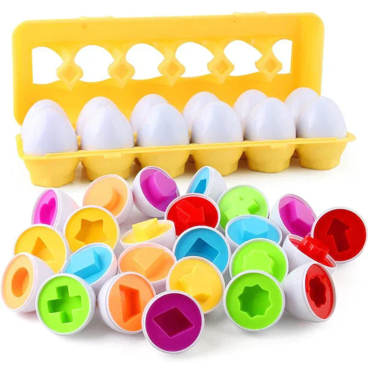 Buntes Lernspielzeug Eier mit Formen, Kunststoff, pädagogisch, für Kinder, gelbe Halterung.