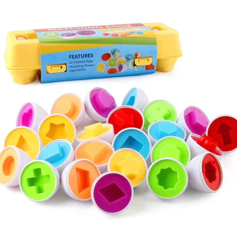 Bunte Lernspielzeug-Eier aus Kunststoff, Formen und Farben, pädagogisches Spielzeug für Kinder.