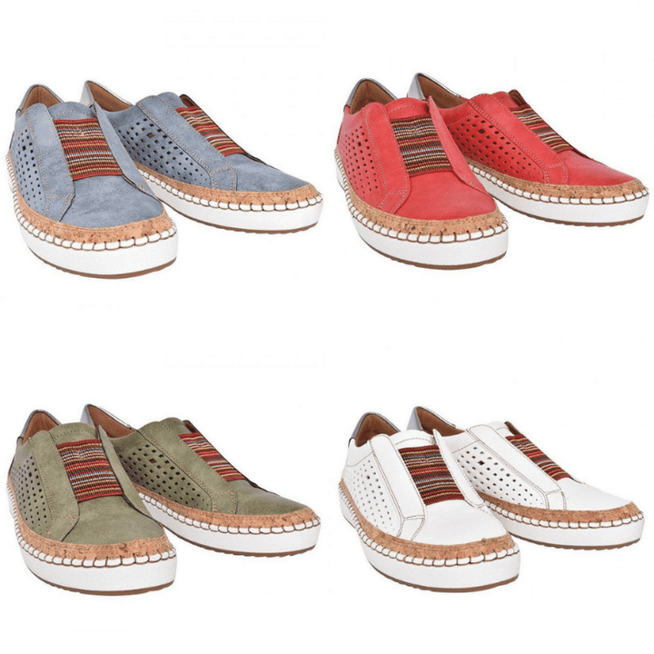 Damen-Sneaker aus Leder in Blau, Rot, Grün, Weiß mit Streifenmuster, atmungsaktiv, bequem.