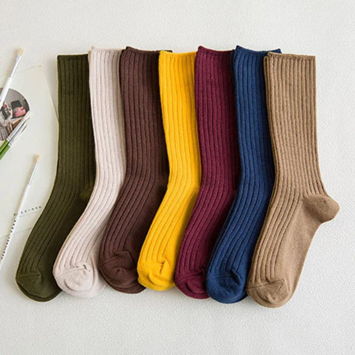 Bunte gerippte Socken aus Baumwolle, 7er-Pack, verschiedene Farben, modische Damenstrümpfe.