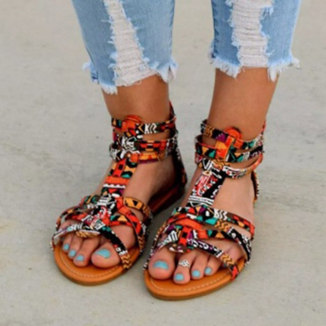 Bunte Damen-Sandalen, Boho-Stil, flach, Gladiator, Sommer, Größe 35-43, mit Knöchelriemen.