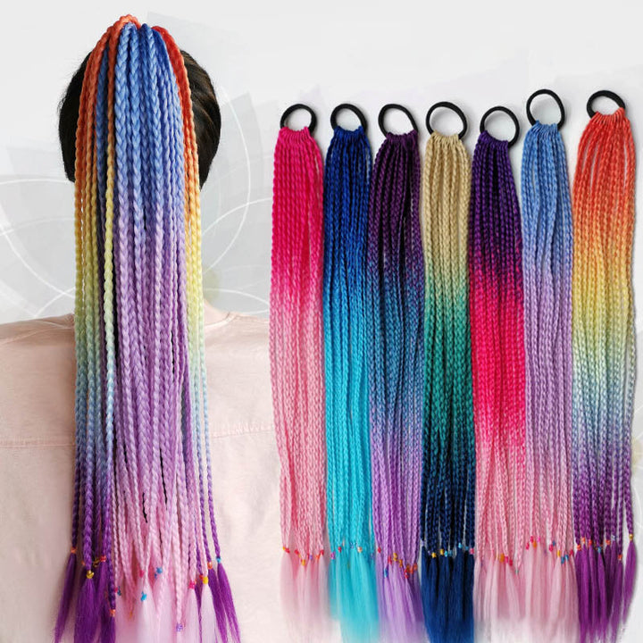 Bunte geflochtene Haarverlängerungen, Regenbogenfarben, synthetisch, für Cosplay und Partys.