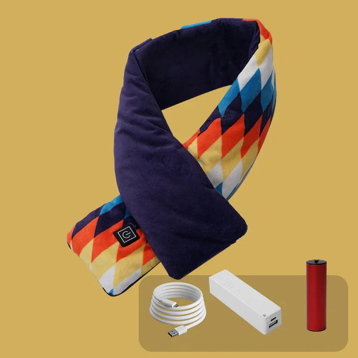 Buntes, beheizbares Schal-Set mit Powerbank und Ladekabel, ideal für kalte Tage.