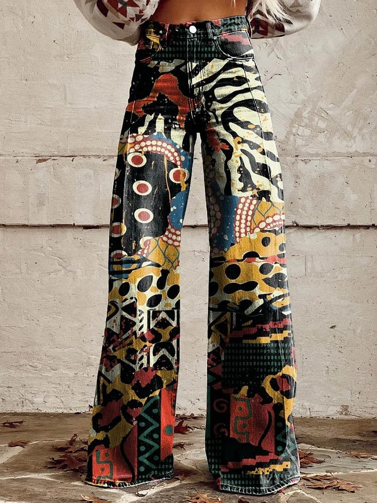 Bunte Damen-Jeans mit abstraktem Muster, weites Bein, modisch, Streetwear, Baumwolle.