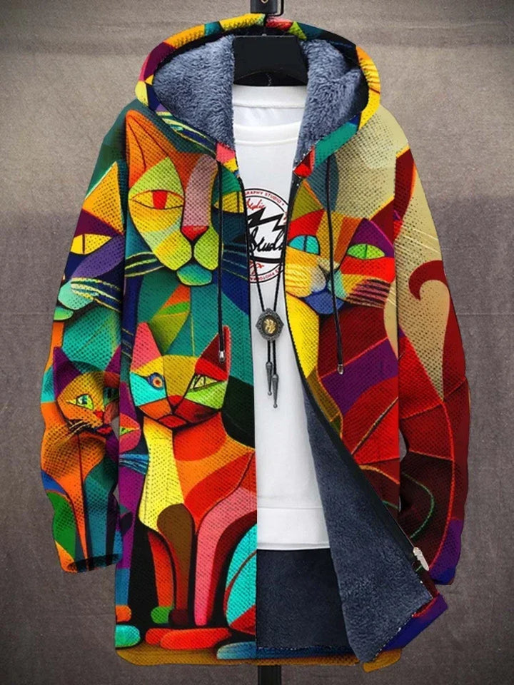 Bunte Katzen-Patchwork-Hoodie mit Reißverschluss, warmes Fleece, Unisex, modisch, bequem.