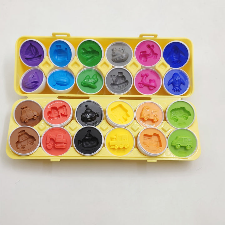 Bunte Kinderstempel-Set in gelber Box, 20 Stück, verschiedene Motive, Kunststoff, Lernspielzeug.