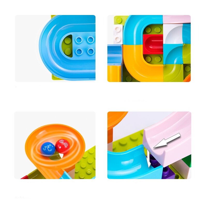 Bunte Murmelbahn aus Kunststoff, Baukasten, Kinder-Spielzeug, Lernspiel, kreative Konstruktion.