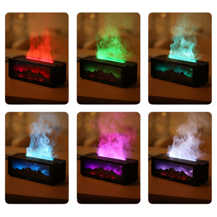 LED-Luftbefeuchter mit farbwechselndem Flammeneffekt, schwarz, für Aromatherapie.