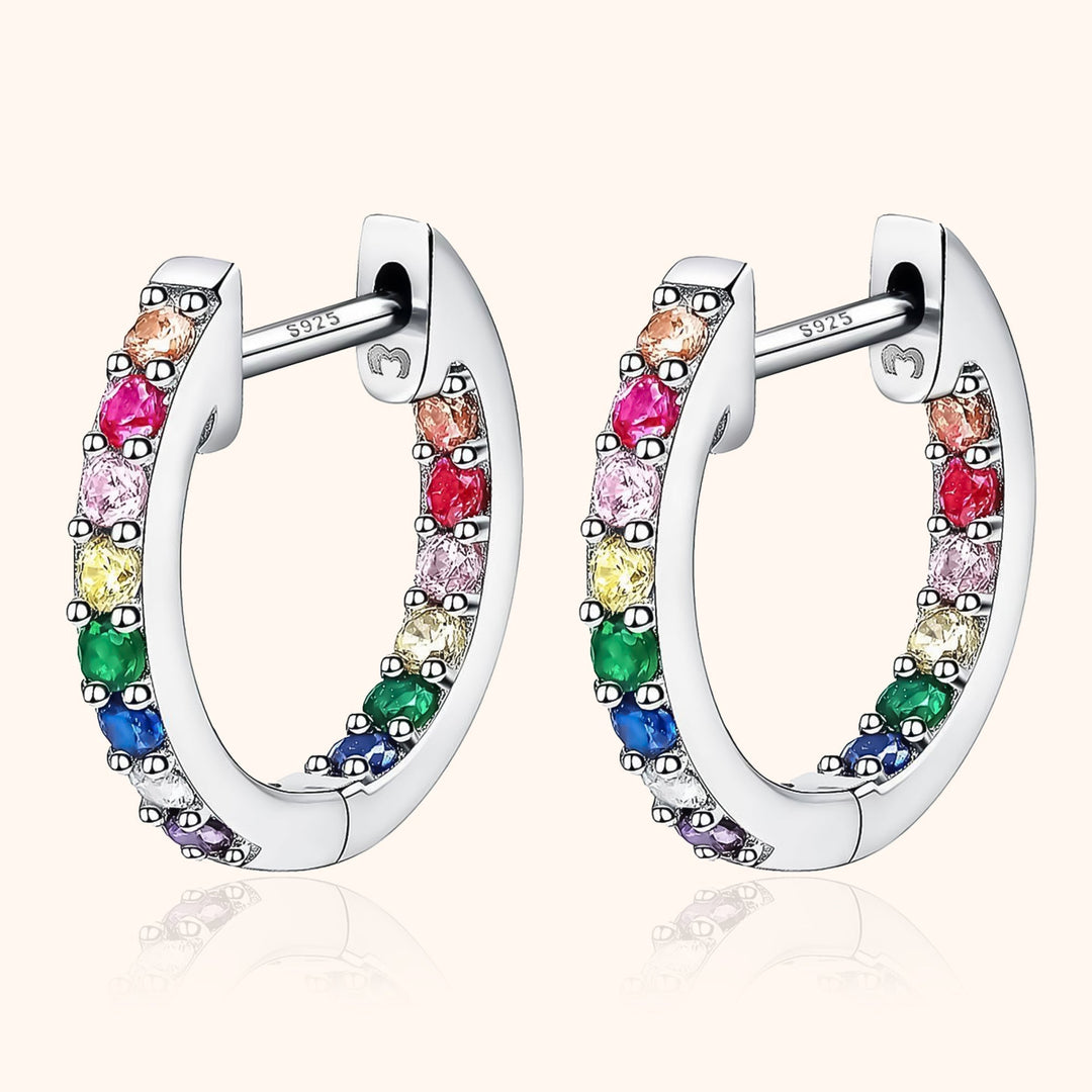Silberne Creolen mit bunten Zirkonia-Steinen, Regenbogen-Design, Ohrringe für Damen.