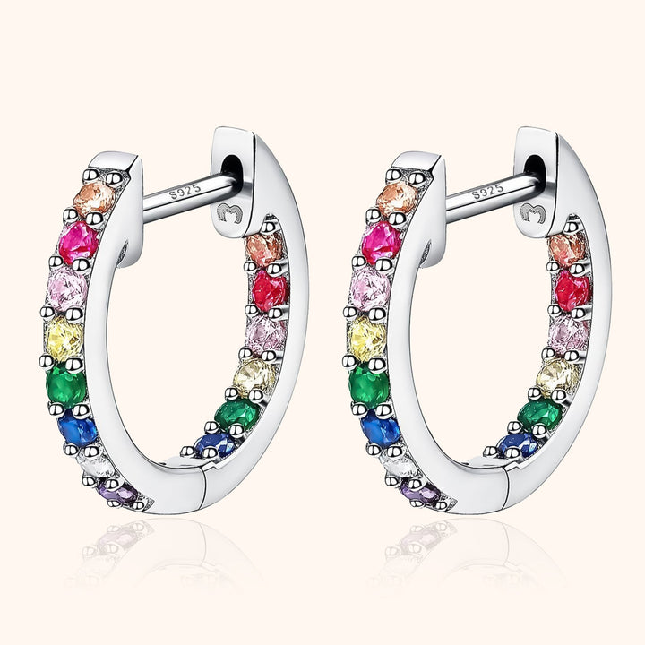 Silberne Creolen mit bunten Zirkonia-Steinen, Regenbogen-Design, Ohrringe für Damen.
