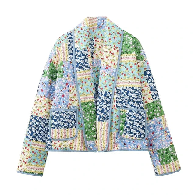 Bunte Damen-Patchwork-Jacke, Vintage-Stil, Baumwolle, langärmelig, Herbstmode.