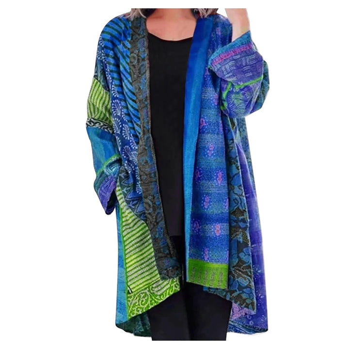 Bunte Damenjacke, Patchwork-Design, Blau-Grün, lässig, langärmelig, modisch.