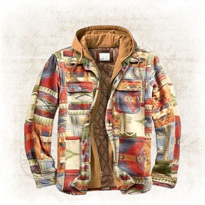Bunte Patchwork-Jacke mit Kapuze, Vintage-Stil, Baumwolle, Herrenmode, Herbst-Winter.