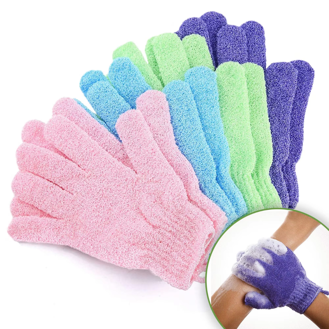 Bunte Peeling-Handschuhe aus Frottee für Körperpflege, Set aus vier Paaren in Pastellfarben.