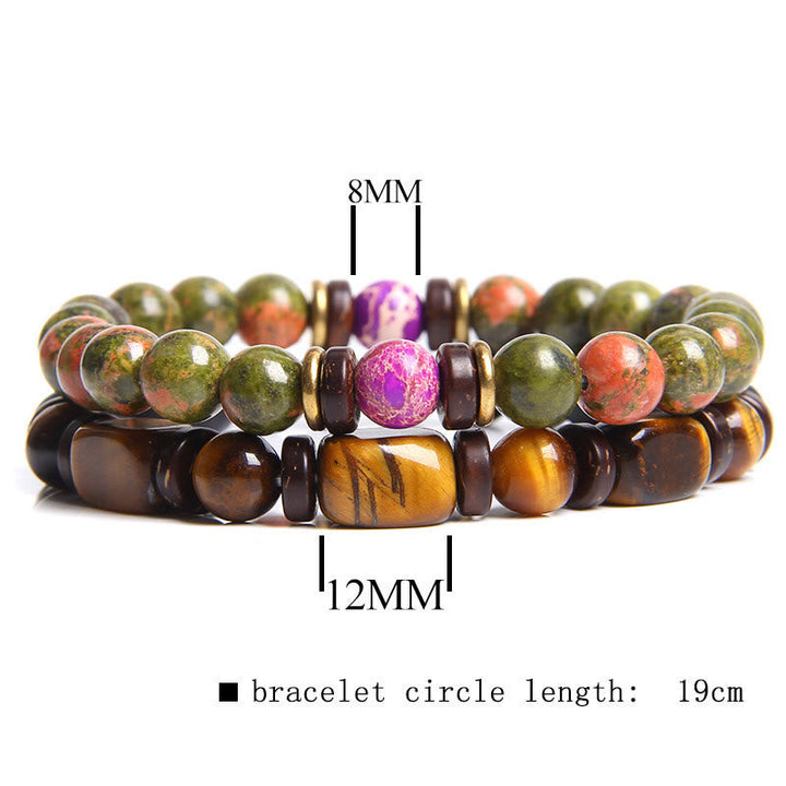 Zwei Armbänder aus Naturstein, 8mm und 12mm Perlen, 19cm Länge, grün, braun, lila.