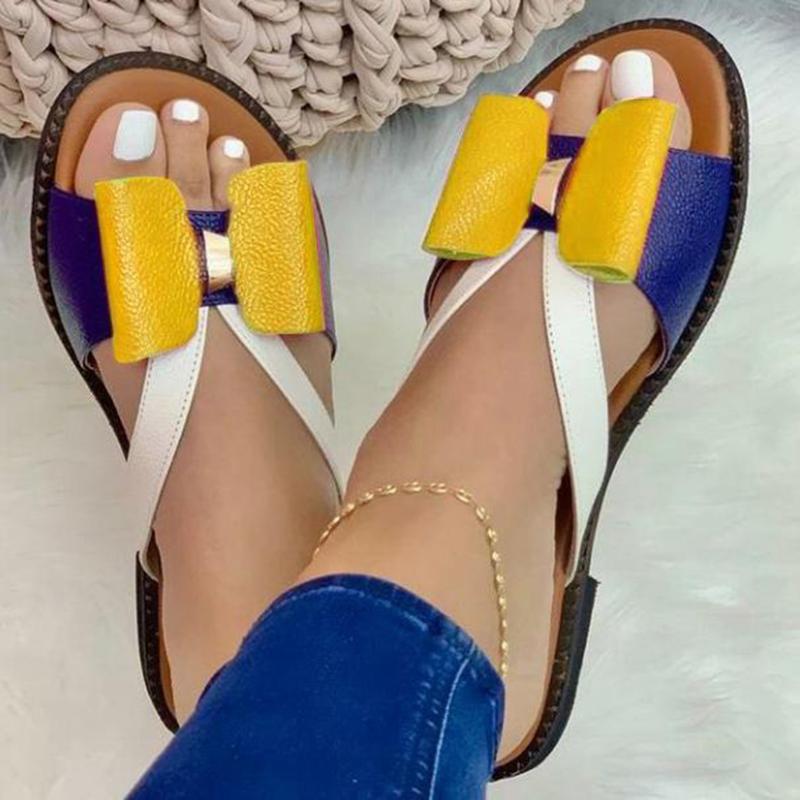 Damen Sandalen, gelb-blau, Leder, Schleife, Sommermode, bequem, flach, modisch