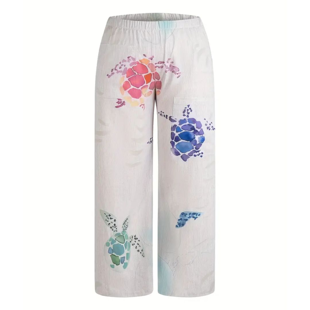 Weiße Damenhose mit buntem Schildkrötenmuster, lässig, bequem, Sommermode, Baumwolle.