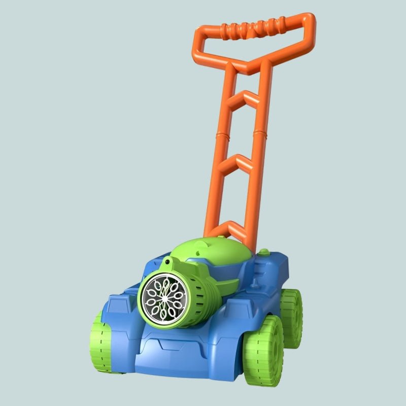 Bunter Seifenblasen-Rasenmäher für Kinder, Spielzeug, Kunststoff, Outdoor-Spaß.