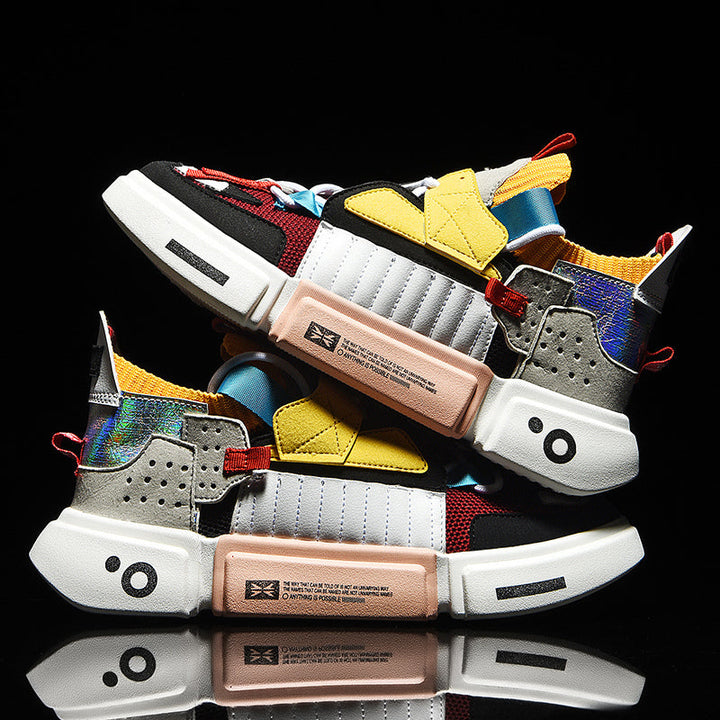 Bunte Sneaker mit weißer Sohle, modernem Design, Leder- und Textilmaterial, Unisex-Sportschuhe.