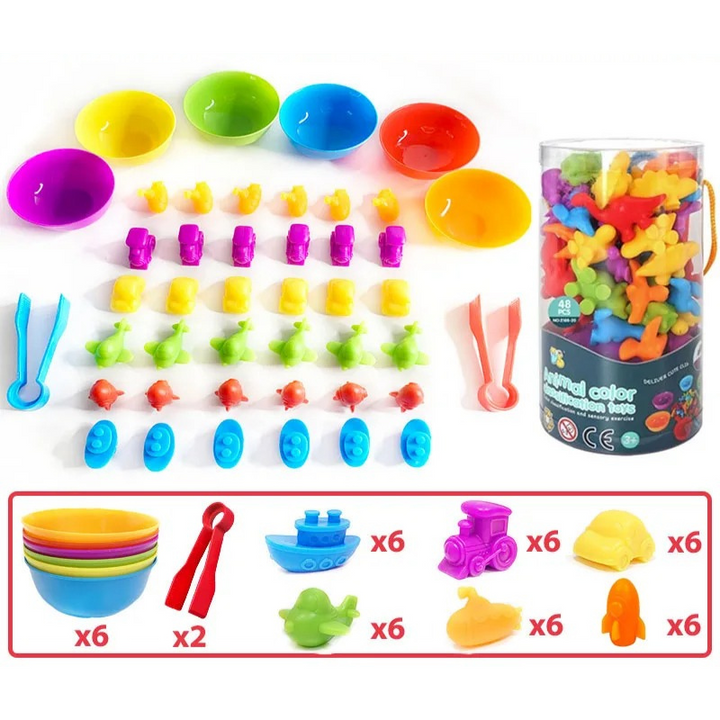 Buntes Montessori-Spielzeug-Set aus Kunststoff, Lernspielzeug für Kinder, 72-teilig.