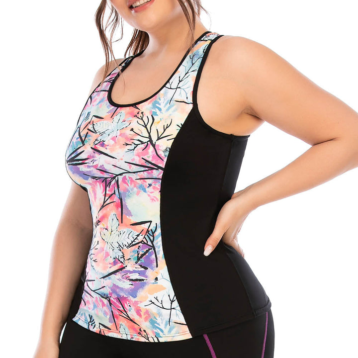 Farbintensives Damen-Sporttop mit abstraktem Muster, ärmellos, ideal für Fitness und Yoga.