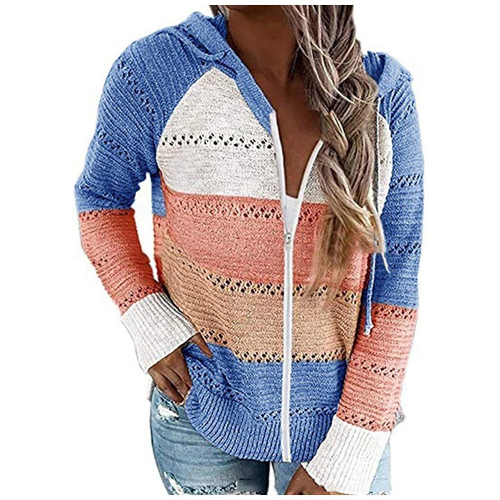 Damen Strickjacke mit Kapuze, gestreift, blau-orange, Reißverschluss, lässig, modisch
