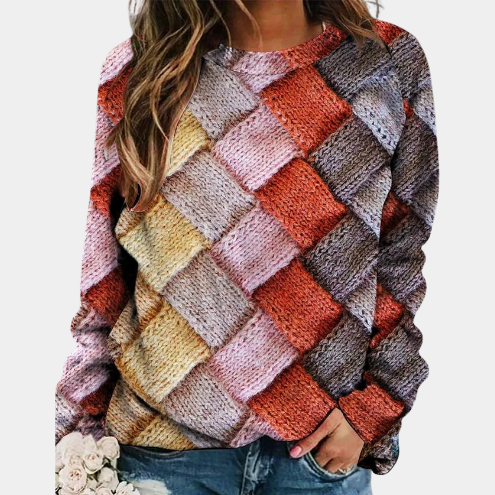 Frau in buntem Strickpullover mit Karomuster, lässig, modisch, Herbstmode.