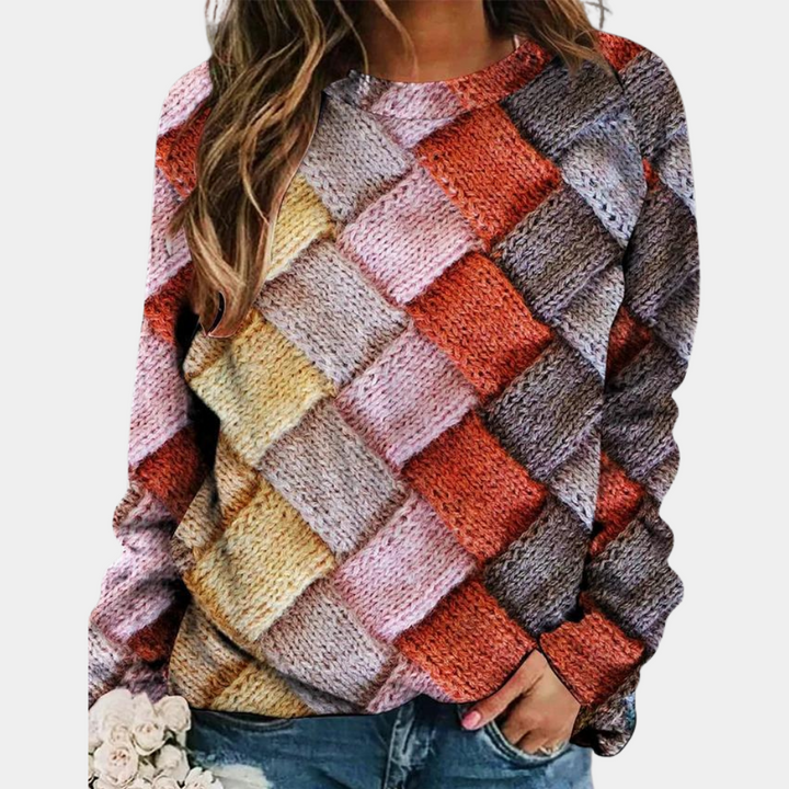 Frau in buntem Strickpullover mit Karomuster, lässig, modisch, Herbstmode.