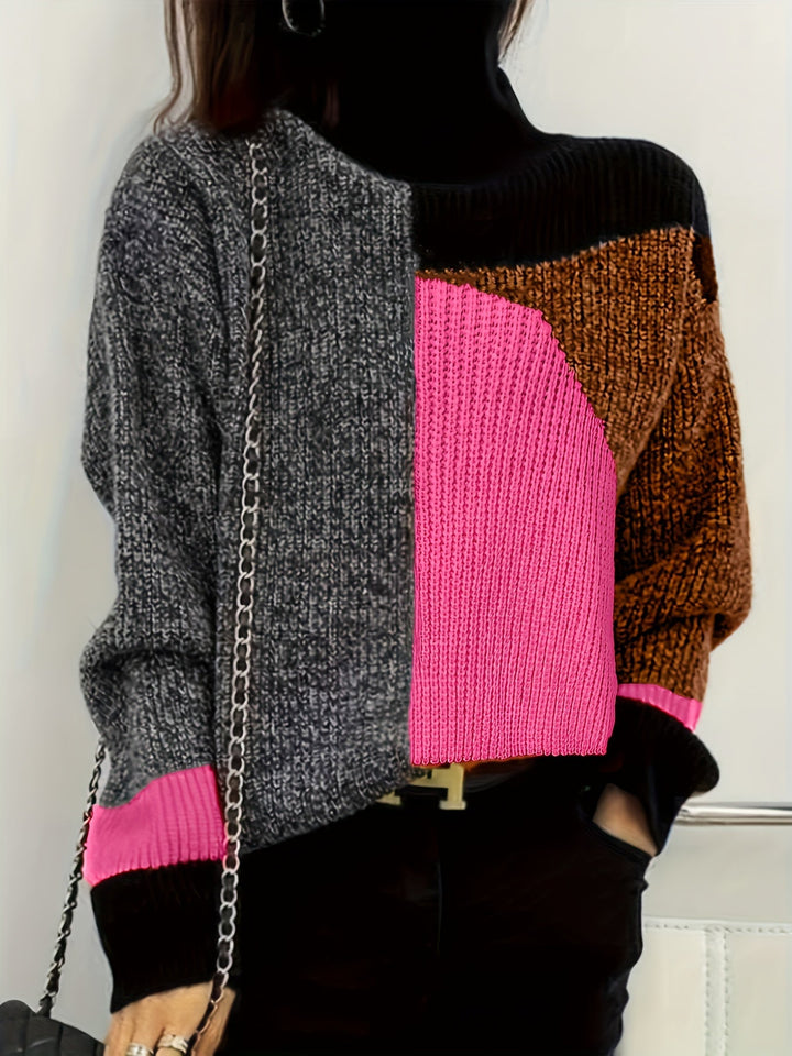 Farbblock-Pullover Damen, grau-pink-braun, Strick, modisch, Herbstmode, Kettendetail.