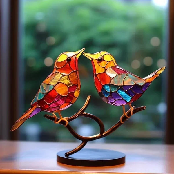 Buntes Glasvogel-Paar auf Ast, dekorative Skulptur, Wohnzimmer-Deko, handgefertigt.