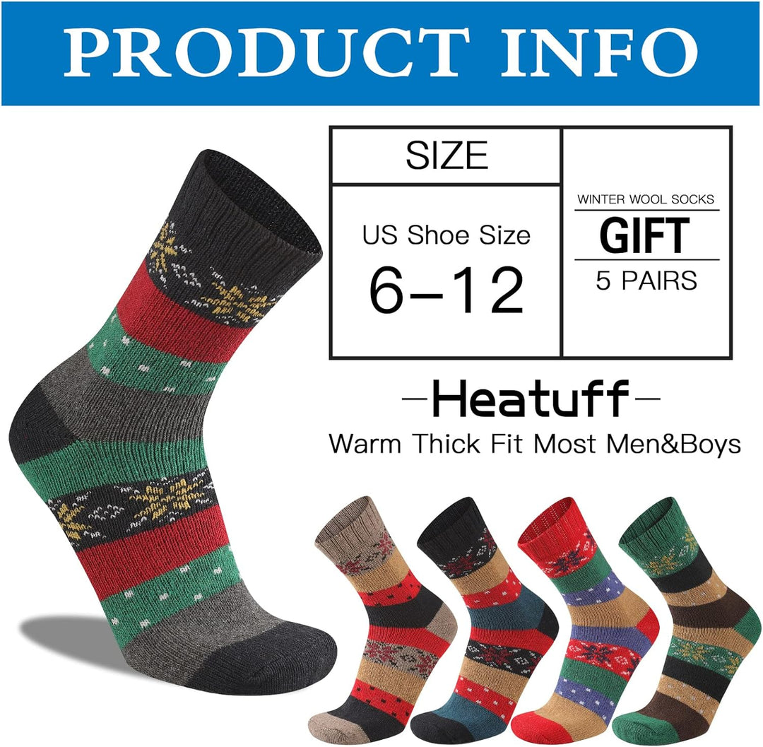 Bunte Winterwollsocken für Herren, 5er-Pack, warm, dick, Größe 6-12, Geschenkidee.