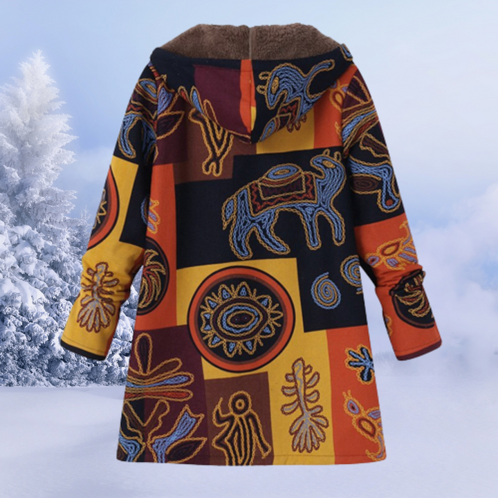Bunter Wintermantel mit Kapuze, Ethno-Muster, warmes Fleece, Damenmode, Outdoor-Bekleidung.