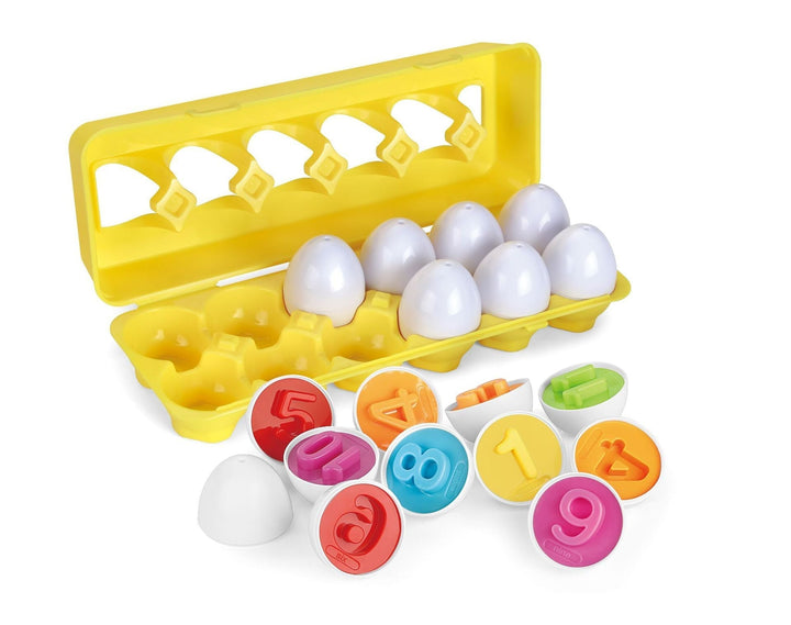 Gelbes Eierkarton-Spielzeug mit bunten Zahlen-Eiern, Lernspielzeug für Kinder.