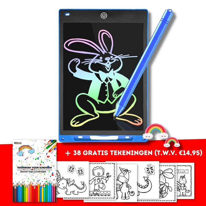 Blaues LCD-Schreibtablett mit Stift, Zeichnung eines Hasen, inklusive 38 gratis Malvorlagen.