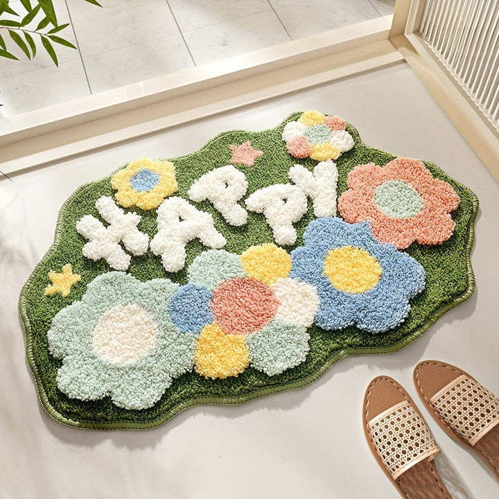 Bunter Blumen-Teppich mit "HAPPY"-Schriftzug, rutschfest, Wohnzimmer-Dekoration, Pastellfarben.