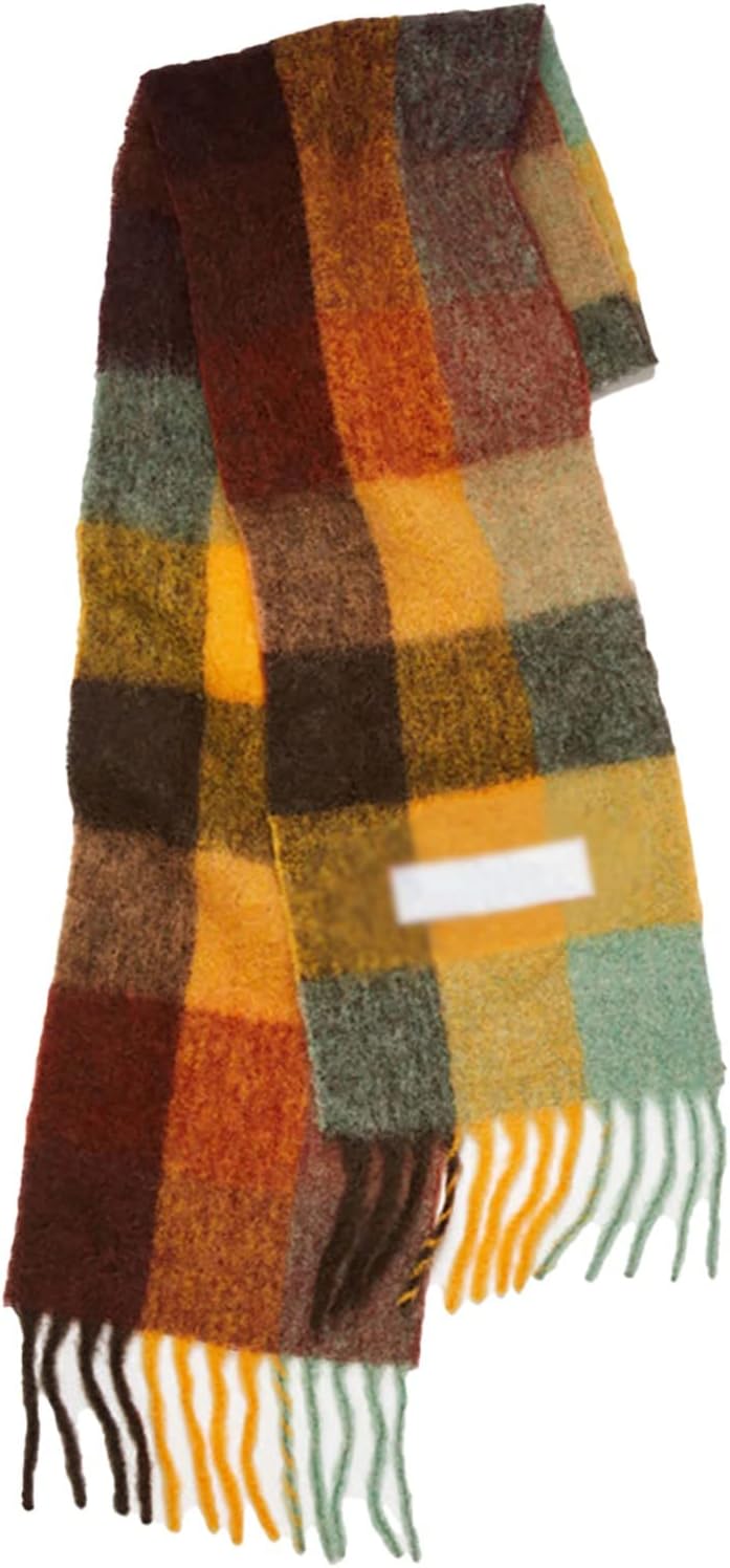 Bunter Wollschal mit Karomuster, Herbstfarben, weiches Material, modisches Accessoire für Damen.