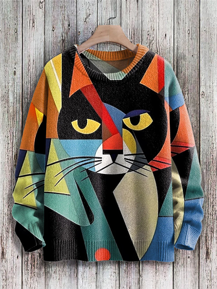 Bunter Katzen-Pullover, geometrisches Design, Damenmode, Herbst-Winter, Strickware.