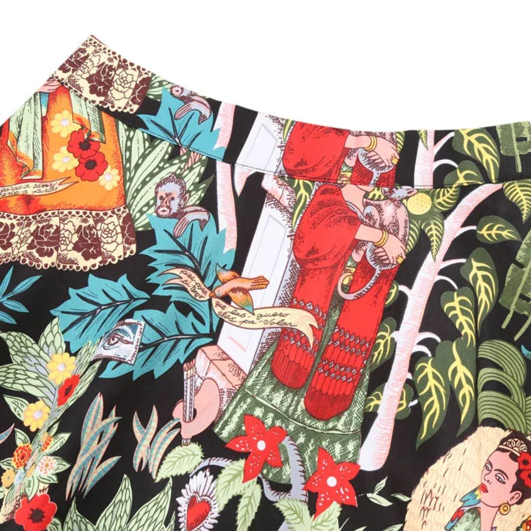 Bunter Rock mit Frida Kahlo-Muster, Blumen und Blättern, aus Baumwolle, Damenmode.